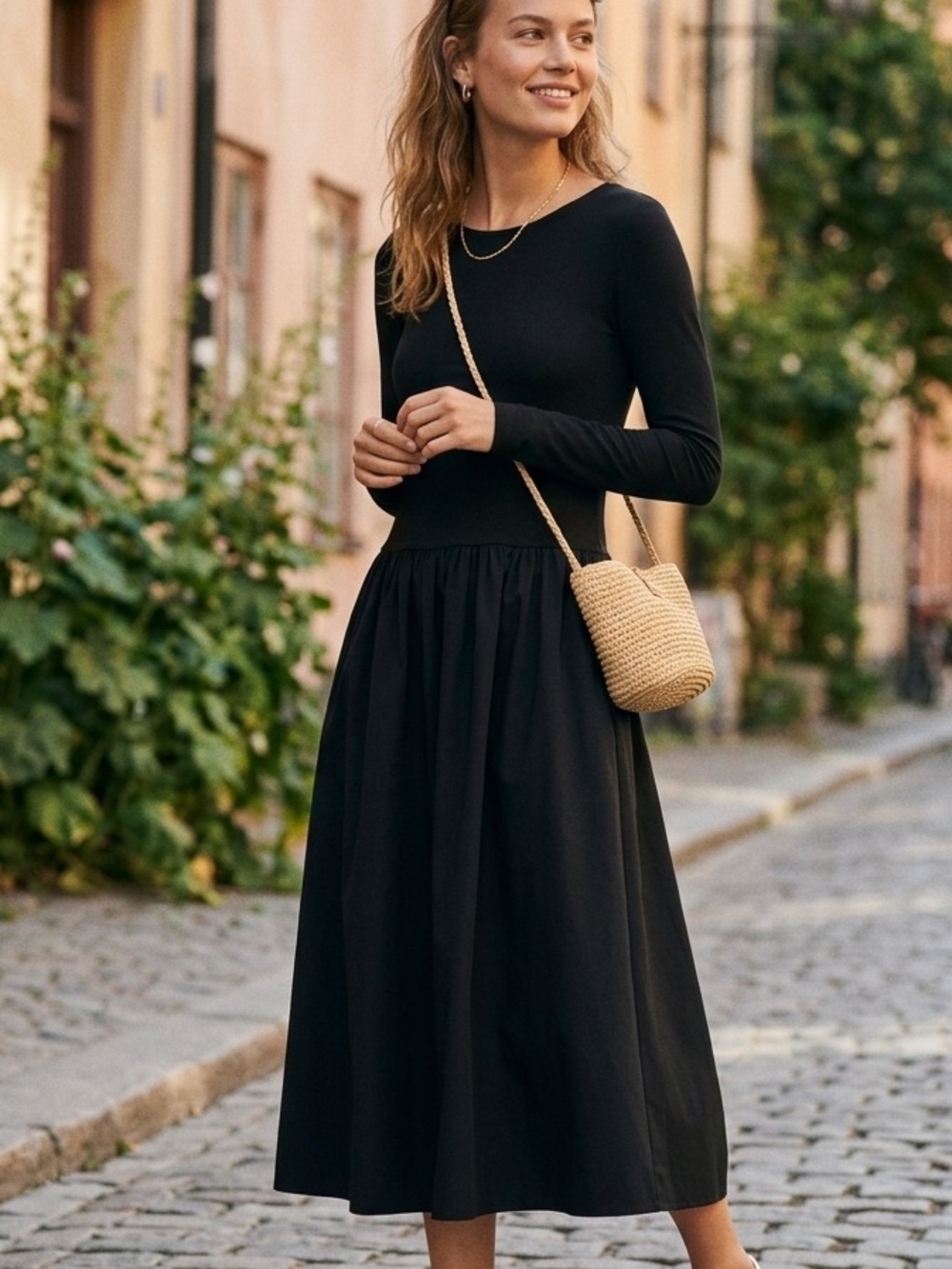 H&M Black Long-Sleeve Midi Dress with Ballet Scoop Back Whimsigoth Minimalist